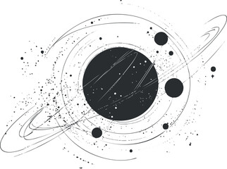Black and white abstract illustration of a solar system with planets orbiting a central large planet
