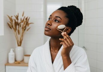 Woman in robe using jade roller on face in bathroom for skincare routine