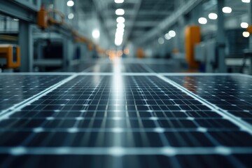 Naklejka premium Close-up of solar panels in a spacious manufacturing facility, showcasing modern renewable energy technology.