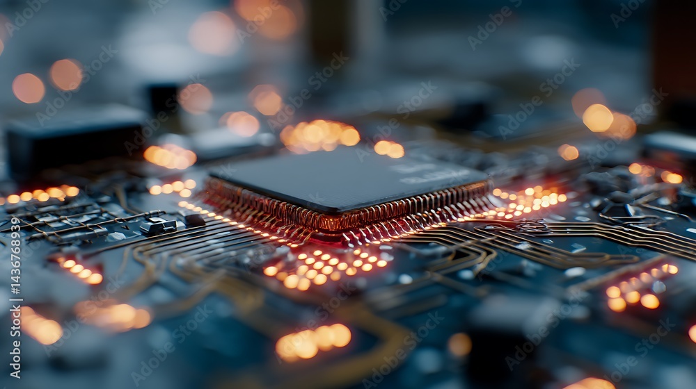 Poster A close up view of microchip on circuit board, showcasing intricate details and glowing connections