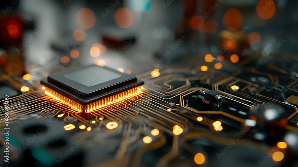 Poster A close up view of microchip on circuit board, showcasing intricate details and glowing connections
