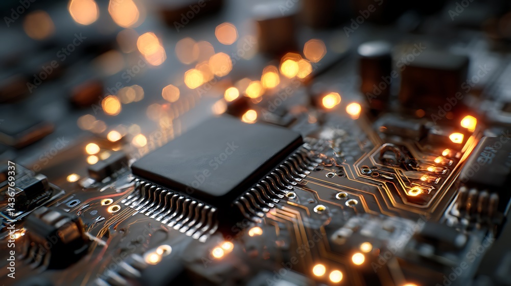 Leinwandbilder A close up view of microchip on circuit board, showcasing intricate details and glowing connections