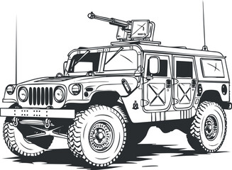 Black and white illustration of an armored military jeep equipped with a gun turret for combat