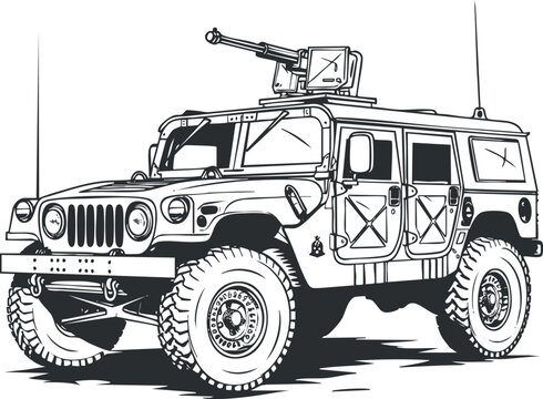 Black and white illustration of an armored military jeep equipped with a gun turret for combat