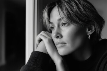 Fototapeta premium A young woman gazes thoughtfully out of a window, reflecting deep emotions and an introspective mood, beautifully captured in this striking black-and-white image.