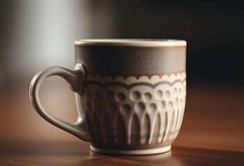 coffee cup sitting on top of a wooden table