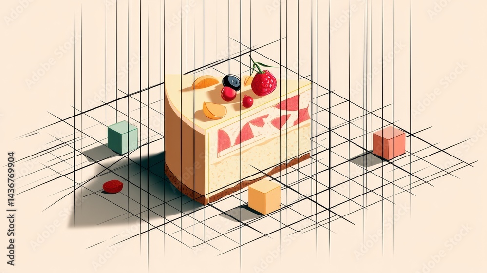 Aufkleber Isometric Cake Slice With Fruit Cubes and Shadow Grid Creates a Visually Appealing Dessert Display