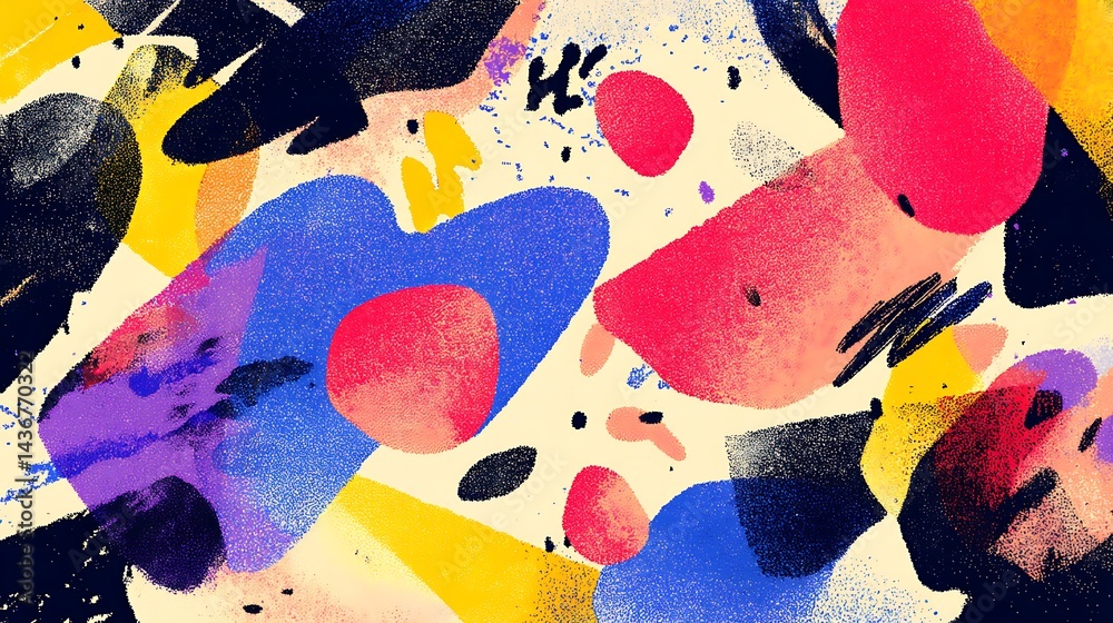 Poster A colorful abstract background with a lot of different shapes and colors, risograph effect, trendy riso style bottom layer