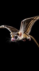 Fototapeta premium A flying sugar glider showcasing its delicate wings against a dark background.