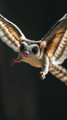 Obraz premium A flying sugar glider showcasing its stunning wings and curious expression in a dramatic light setting.