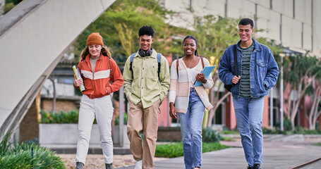 Friends, students and outdoor with people, smile and backpacks for walking on campus or university. Group, happy and talking for education, development and scholarship for learning, college or school