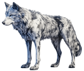 A gray wolf standing confidently, captured in a striking pose, displayed on a transparent background. 
