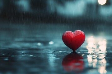 Lonely Red Heart Floating in the Rain