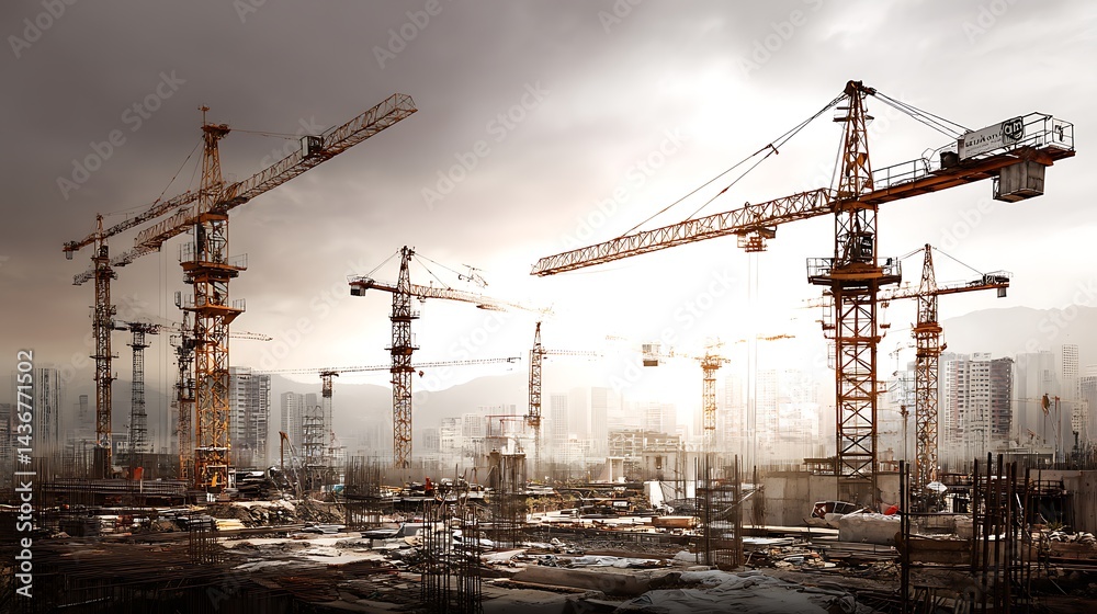 Poster a construction site bustling with activity, cranes towering overhead, symbolizing progress and devel