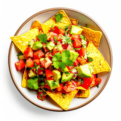 Bowl filled with tortilla chips, diced tomatoes, avocado, and cilantro. AI