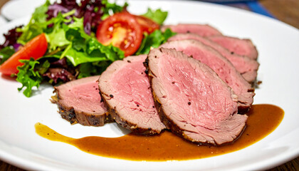 Sliced roast beef on plate with sauce and a side garden salad. AI