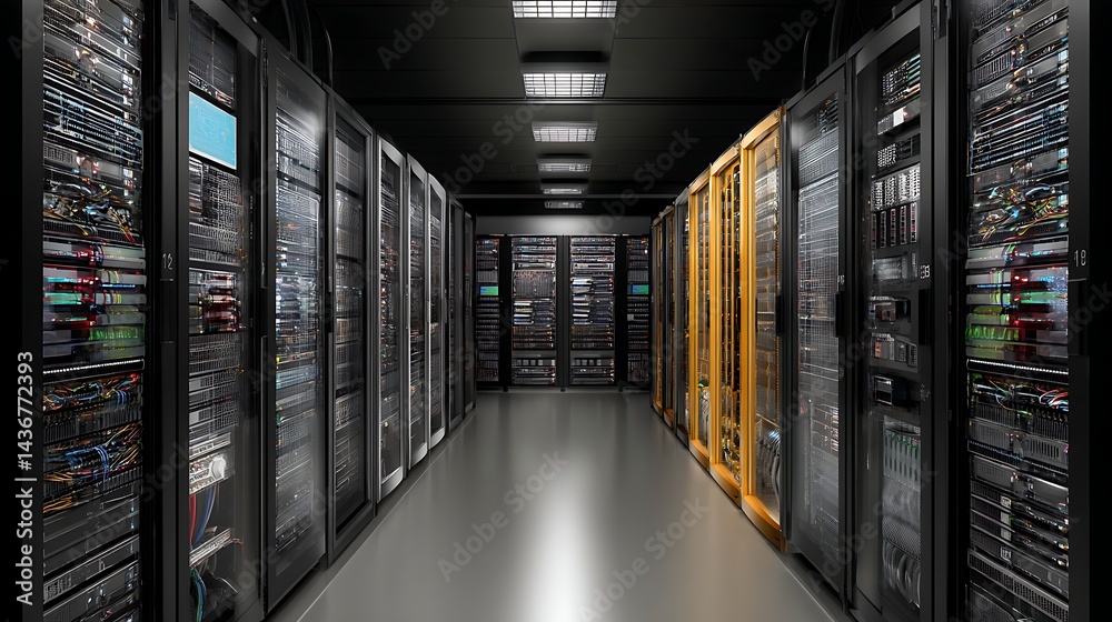 Poster A data center using virtualization technology to run multiple virtual machines on a single server, enhancing efficiency and reducing costs