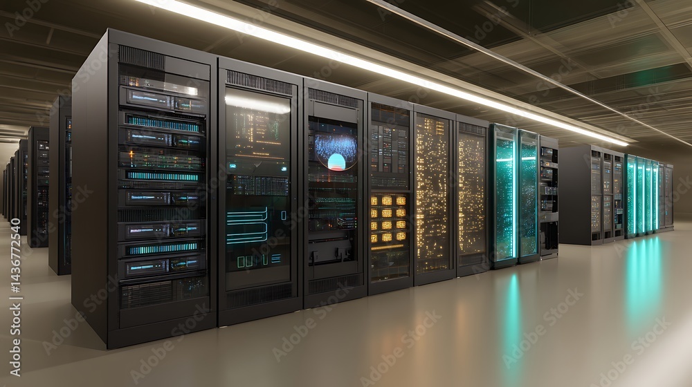 Poster A data center using virtualization technology to run multiple virtual machines on a single server, enhancing efficiency and reducing costs