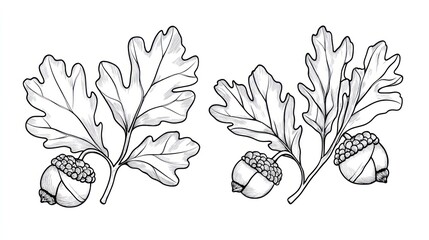 Oak leaves and acorns illustration, nature design, autumn theme, white background, for educational materials