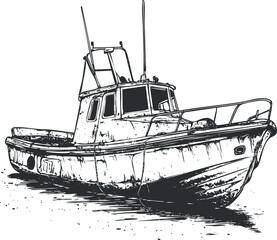 Black and white detailed sketch of a fishing boat with cabin and antennas floating on water.