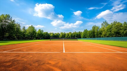 Pristine Clay Tennis Court Under Bright Blue Sky and White Clouds
