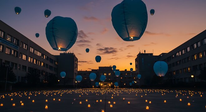 A candlelit vigil of blue paper lanterns floating above an empty hospital courtyard at dusk.