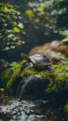 Fototapeta premium A serene turtle perched on a moss-covered rock by a bubbling stream in a lush, green environment.