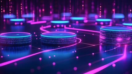 optimization of database storage. Digital coins with glowing lines and vibrant colors.