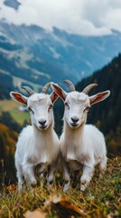 Obraz premium Two adorable white goats stand together in a picturesque mountain landscape, surrounded by greenery.