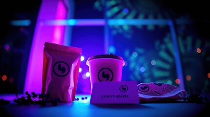 Vibrant,  night-themed coffee and snack product display
