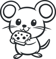 Black and white cartoon illustration of a cute mouse holding a piece of cheese smiling happily