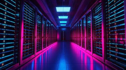 Fototapeta premium optimization of database storage. Futuristic data center with illuminated server racks.