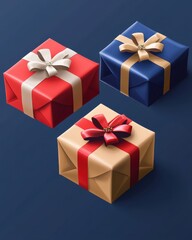 Obraz premium Three beautifully wrapped gift boxes in vibrant colors, perfect for any celebration.