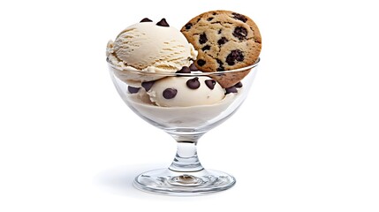 Delicious Ice Cream in Glass Cup with Chocolate Chips and Cookie