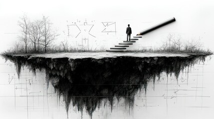Fototapeta premium Floating island, sketched steps, leading upward