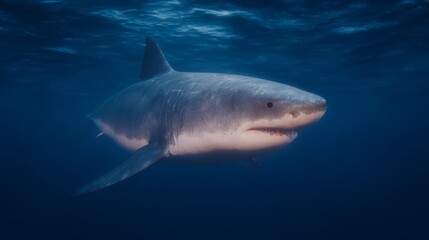 Fototapeta premium great white shark swimming in the ocean with clear blue copy space.