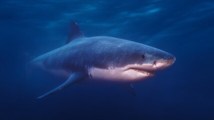 Great White Shark in the open ocean, with copy space.