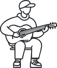 Line art illustration of a person wearing a cap playing an acoustic guitar while seated