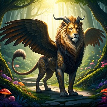 Winged Chimera in an Enchanted Forest; a fantasy creature stands proudly on a stone path deep within an enchanted forest