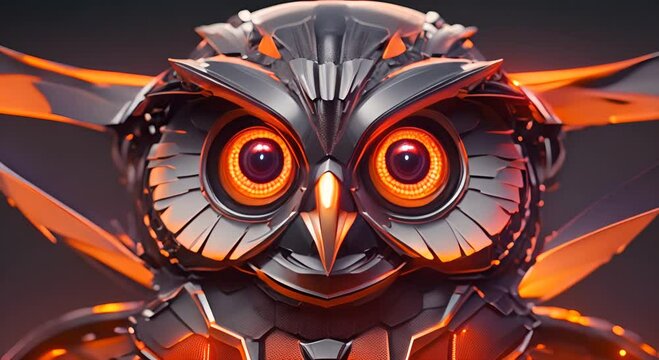 Futuristic robotic owl with glowing orange eyes captivating viewers with advanced technology 4K