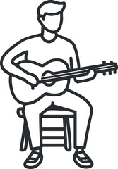 Line art illustration of a man sitting on a stool playing an acoustic guitar for music and entertainment
