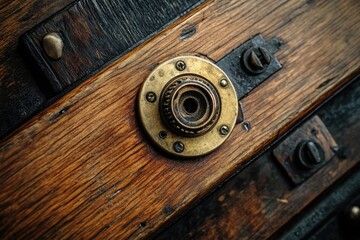 Fototapeta premium Close-up of antique wooden device with brass and iron details, showcasing intricate craftsmanship and aged texture.
