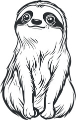 Cute black and white cartoon illustration of a smiling sloth sitting with big eyes