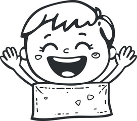 Black and white cartoon illustration of a happy smiling boy with arms raised in joy.