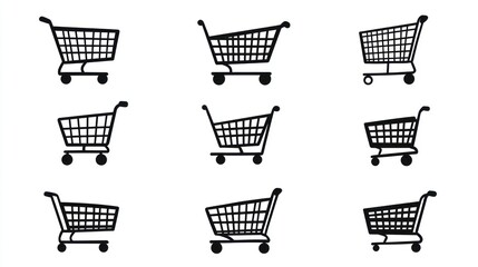 Nine shopping cart icons; various angles; white background; e-commerce illustration