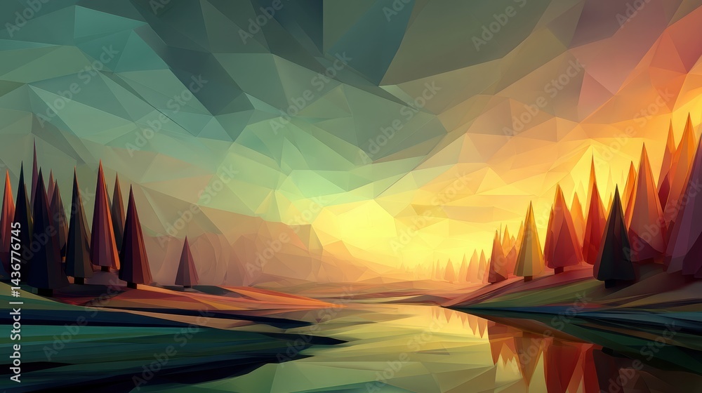 Poster low poly landscape featuring soft lighting and a gradient sky over a tranquil river in a serene sett