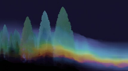 Fototapeta premium tiny village in a forest with giant trees and rainbow lights.