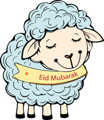 A cartoon sheep with a yellow ribbon around its neck and the words Eid Mubarak written on it. The sheep is smiling and he is sleeping