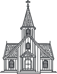 Black and white line art illustration of a traditional church building with steeple and cross on top