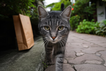 Obraz premium Close up of curious gray tabby cat walking on stone path in green garden